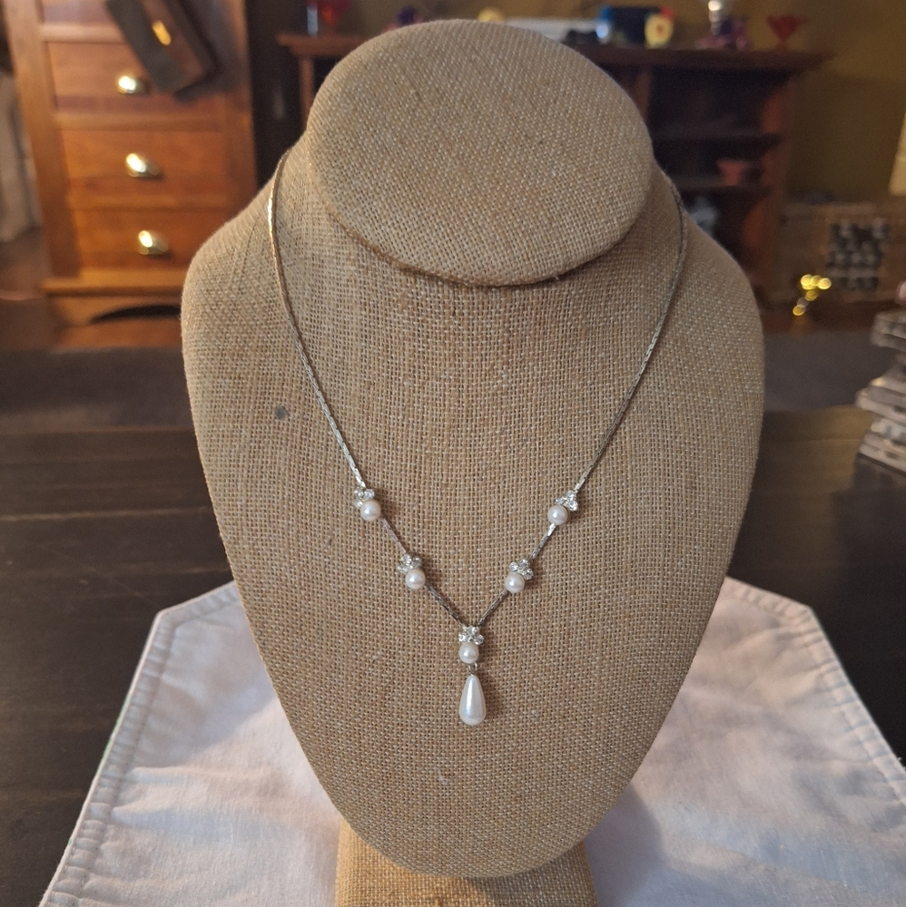 Dainty Silver Necklace with Faux Pearls